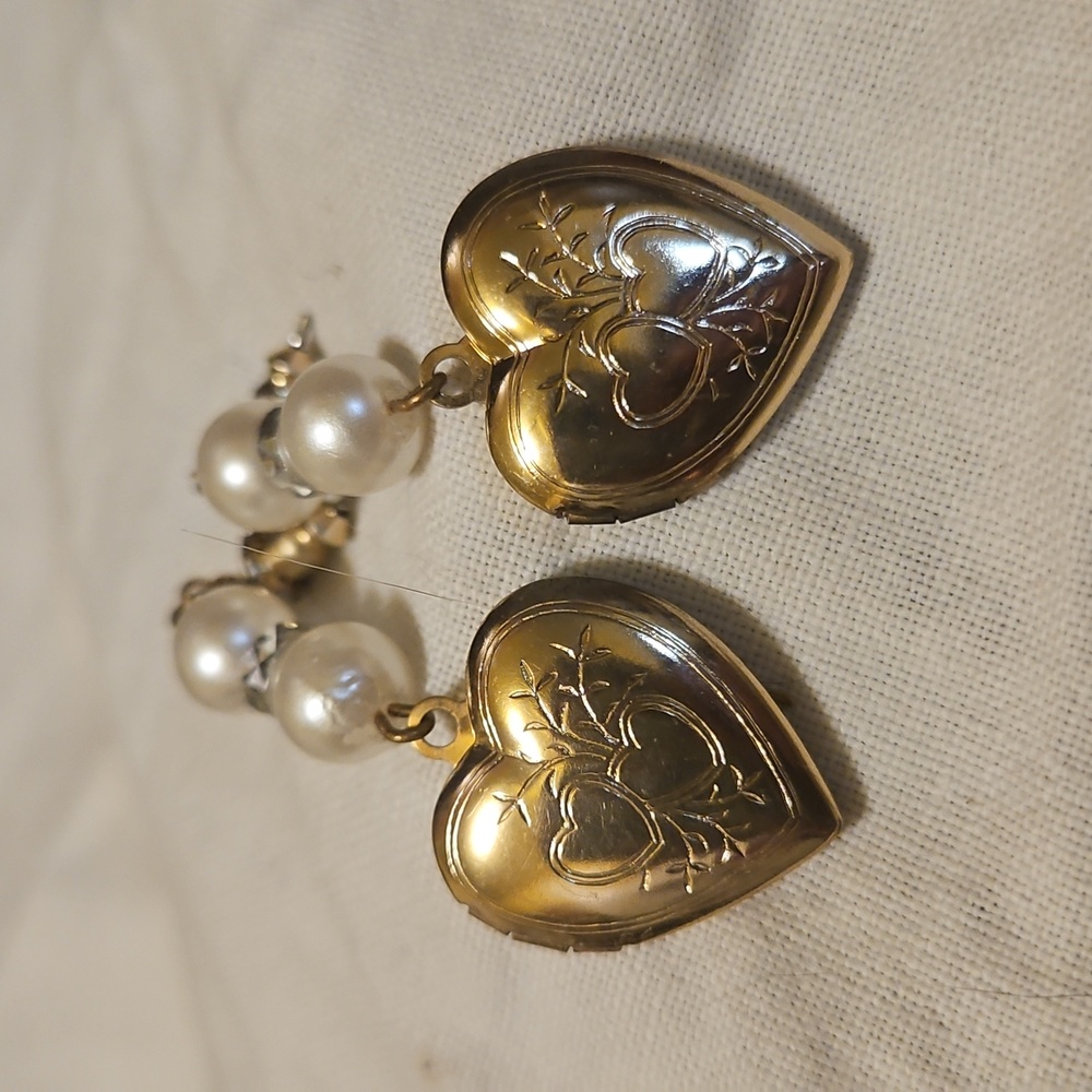 Vintage Gold-tone Heart Locket Earrings with Pearls